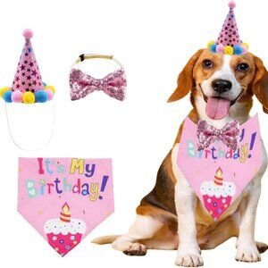 Pet Birthday Party Set For Dogs & Cats Includes Scarf, Bow Tie & Hat - Pink